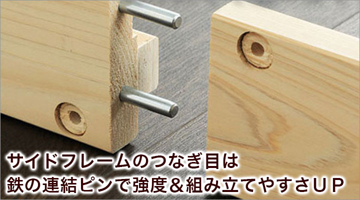サイドフレームのつなぎ目に鉄の連結ピンを使用しているので、抜けにくく強度はバッチリ！