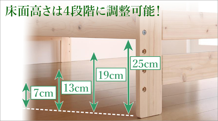 床面の高さは４段階に調節可能！自分好みやライフスタイルに合わせて柔軟に対応できます。